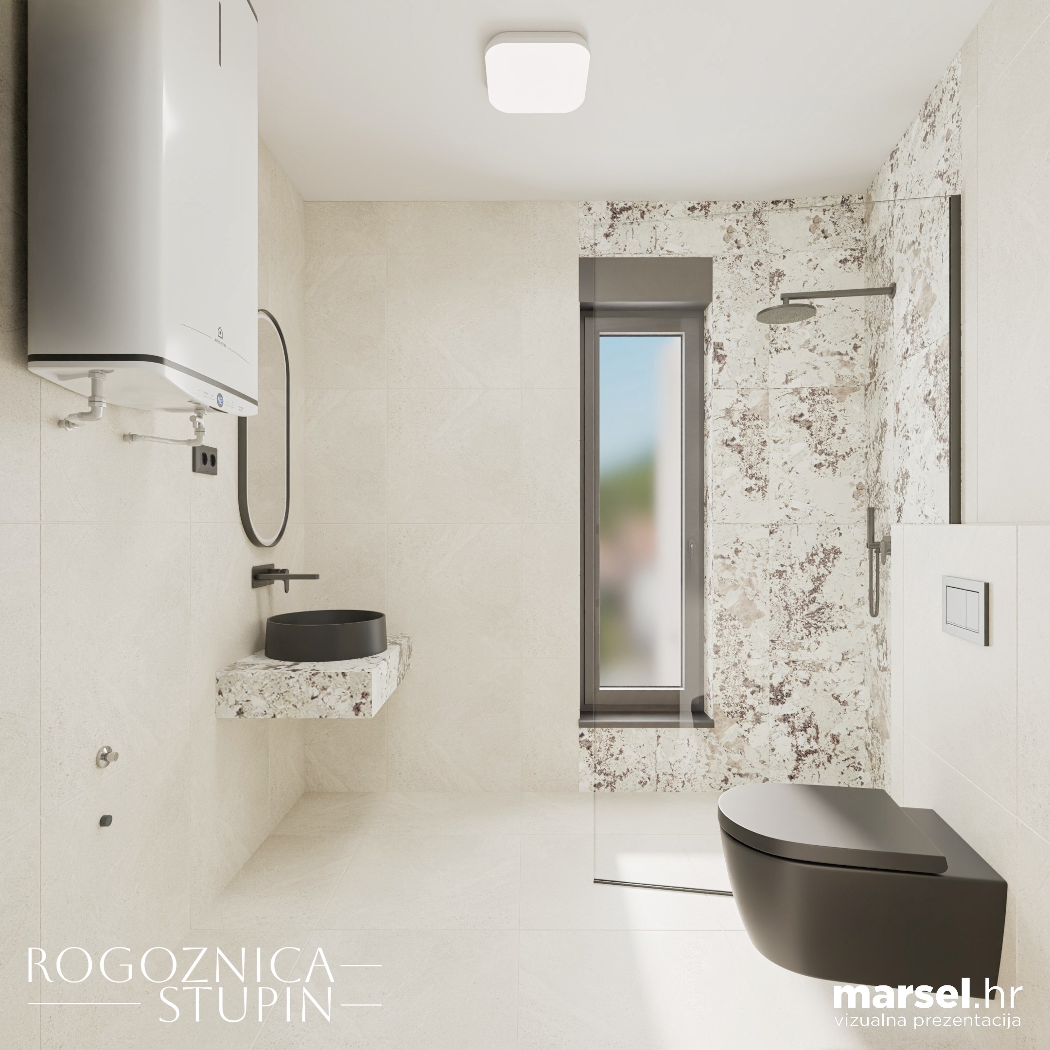 Vizualizacija interijera apartmana u novogradnji Rogoznica Stupin. Prostrani i svijetli unutarnji prostori s pogledom na more, idealni za stanovanje ili investiranje u apartman na dalmatinskoj obali.